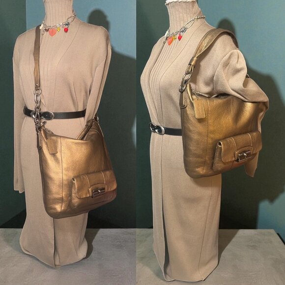 Coach Kristin Hobo Bag 14783 Bronze Metallic Leather Gunmetal Convertible Purse - Picture 3 of 11